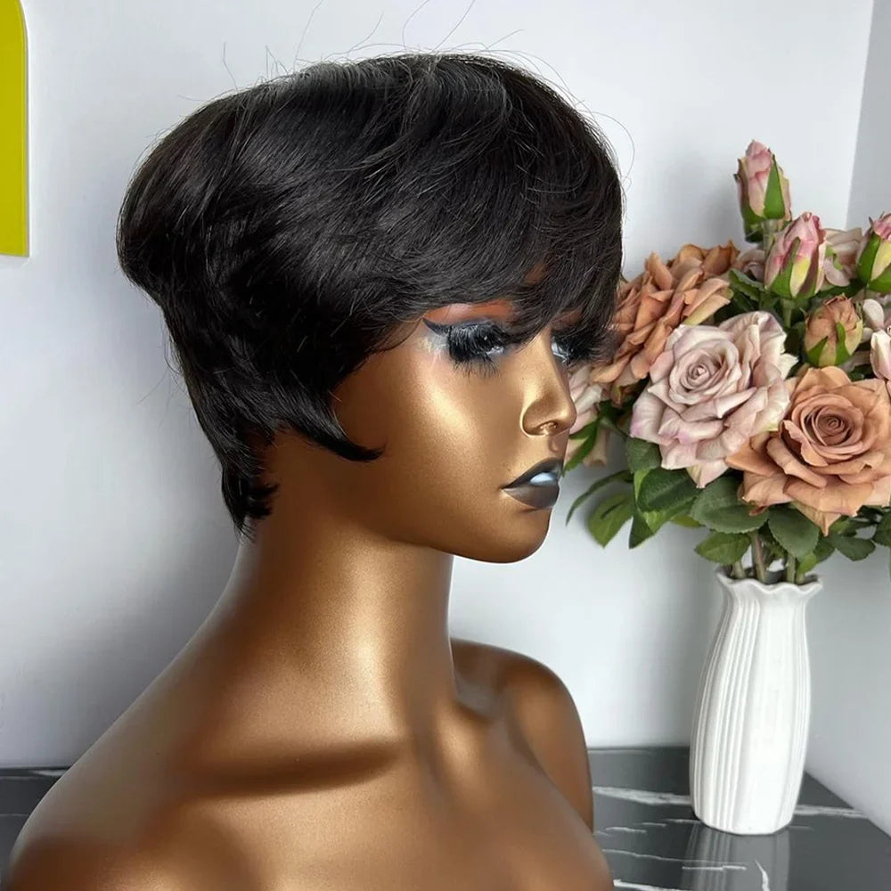 Short Pixie Cut Human Hair Wig with Bangs | Brazilian Remy, Machine Made