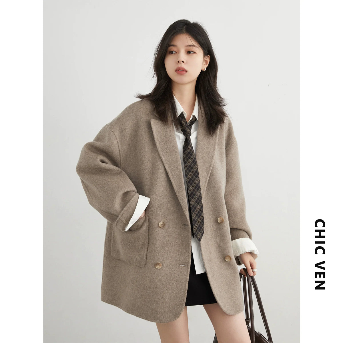 CHIC VEN New Women Woolen Coat Loose Solid Mid-length Double-sided Oversized Office Ladies Jackets Outerwear Autumn Winter 2026