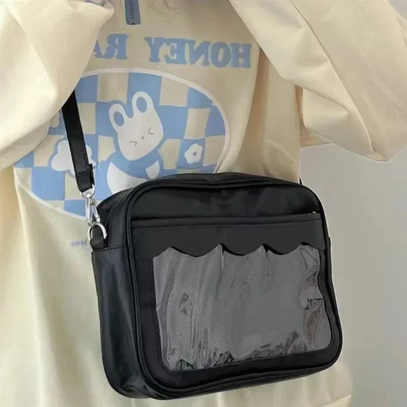 Women's PU Transparent Pocket Ita Bag | High School Girls JK Uniform Crossbody Shoulder Handbag (Fashion Satchel)