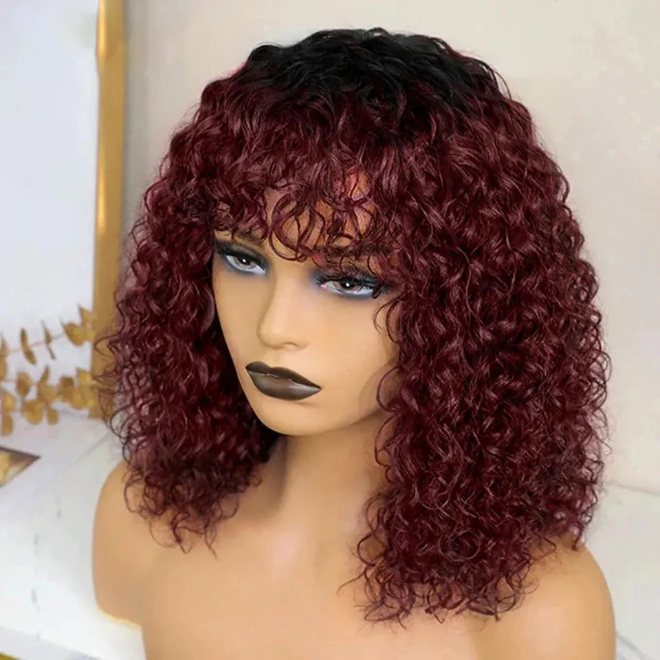 Jerry Curly Short Bob Human Hair Wig with Bangs | Glueless Highlight Honey Water Wave Blonde Wig for Women (Ready-to-Go)