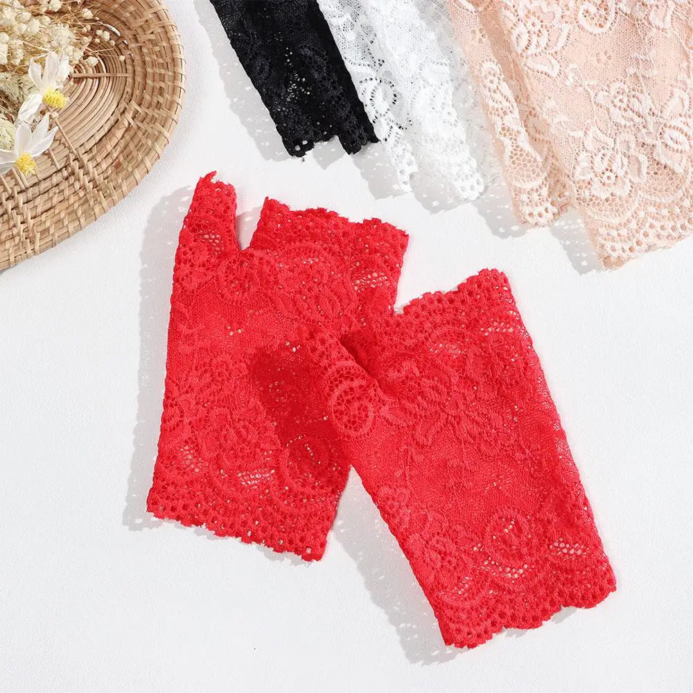 Women Short Lace Hollow-Out Fingerless Gloves Sun Protection Sleeves Mesh Thin Cycling Sexy Mittens Half Finger Handschoenen