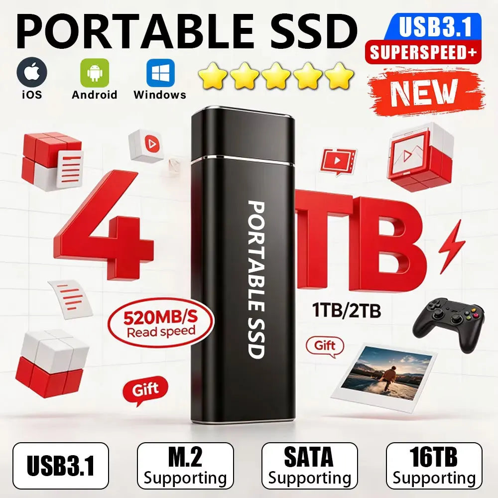 USB 3.1 high-speed external portable hard drive 4TB large capacity portable SSD solid state drive suitable for laptop MAC/PC