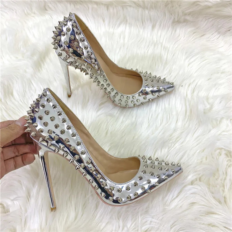 Women New Rivet High Heels 12CM Fashion Pointed Toe Party Single Shoes Europe And America Club Stage Pumps Silver Plus Size 43