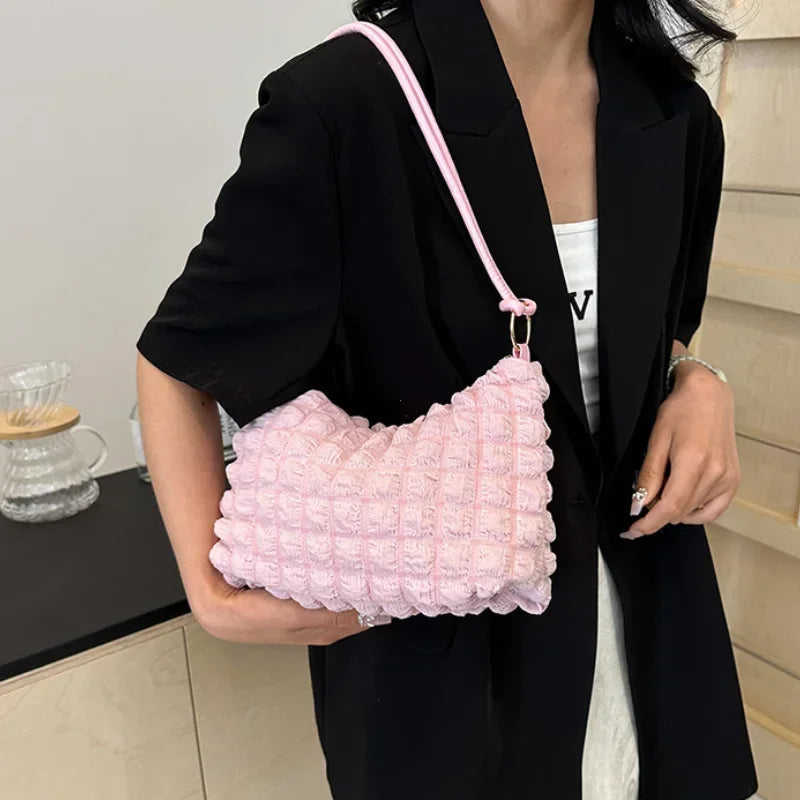 Canvas Wrinkle Bag for Women | Shoulder Bags & Pleated Bubbles Handbags (Padded Casual Underarm Quilted Tote Cloud Bag Purse)