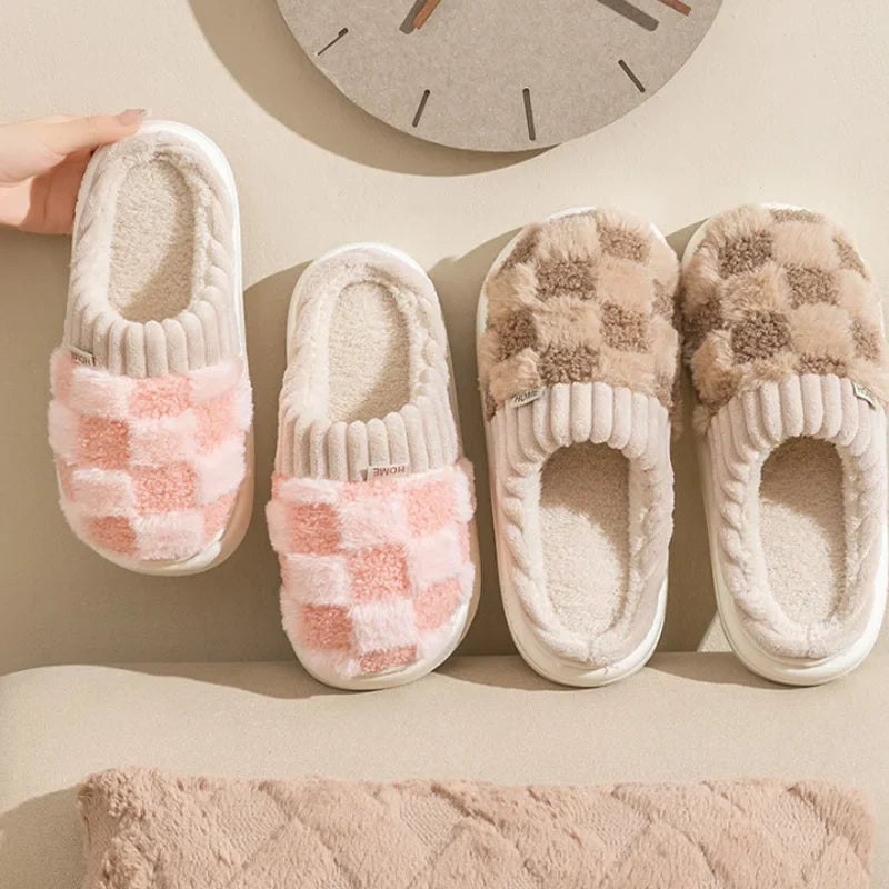 Fashion Couple Winter Slides Warm Plaid Fluffy Slippers Soft Sole Flip Flops For Women And Men Home Indoor Non-slip Cotton Shoes