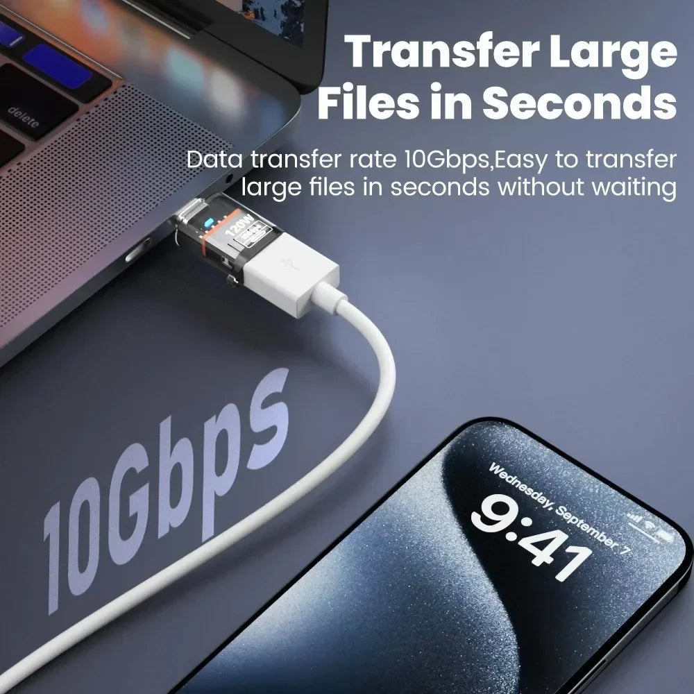 120W USB 3.2 to Type C OTG Adapter Fast Charging 10Gbps Data Audio Transfer For MacBook iPad iPhone 15 16 17 Huawei Xiaomi PC