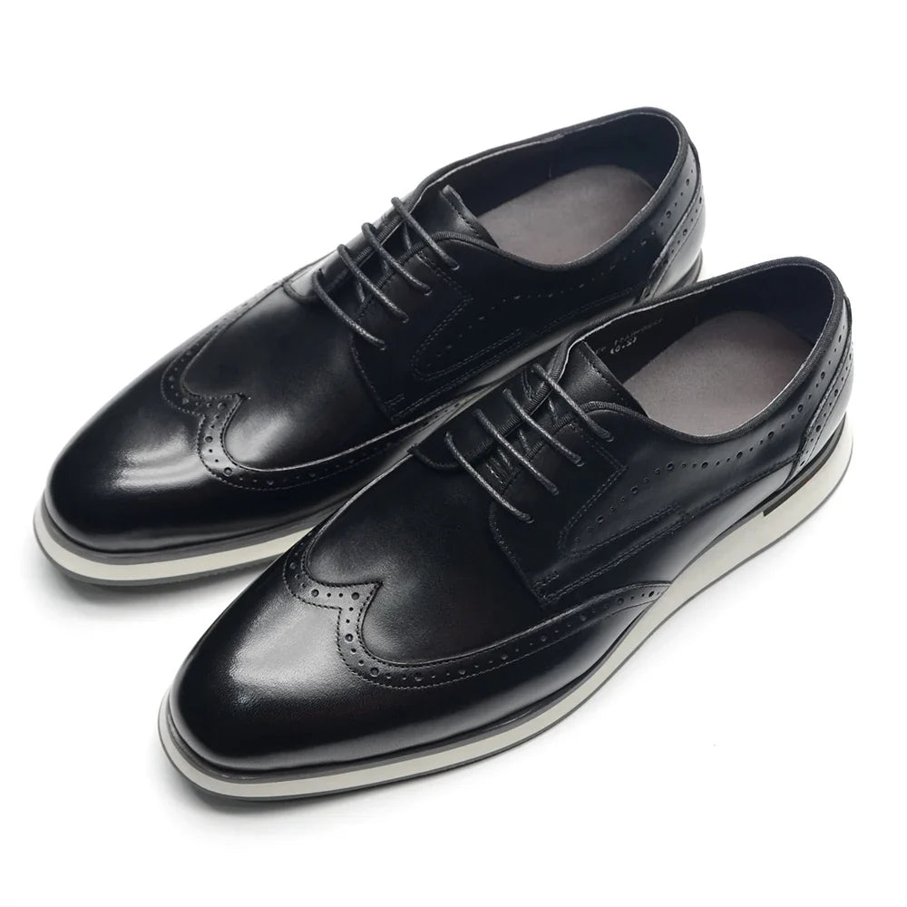Men's Natural Cowhide Genuine Leather Derby Dress Shoes | Brogue Wingtip Flat Shoes (Black, Wine Red)