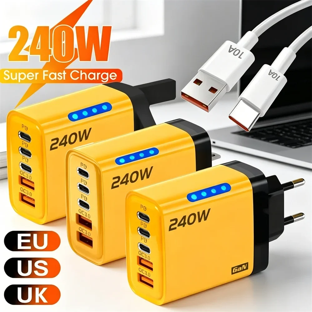 Type C USB 240W Fast Charging Charger GaN USB C Phone Charger Wall Adapter Quick Charge 3.0 With PD Cable For iPhone 17 Samsung