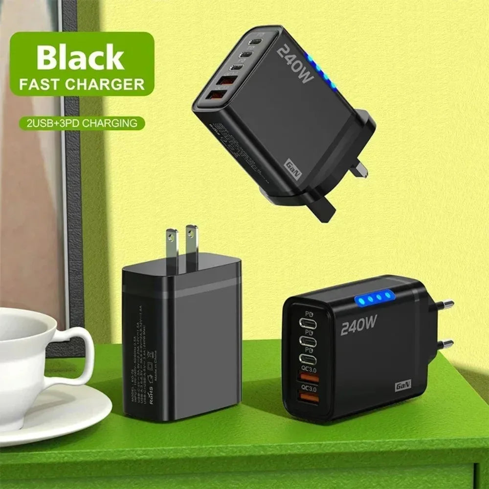 Type C USB 240W Fast Charging Charger GaN USB C Phone Charger Wall Adapter Quick Charge 3.0 With PD Cable For iPhone 17 Samsung