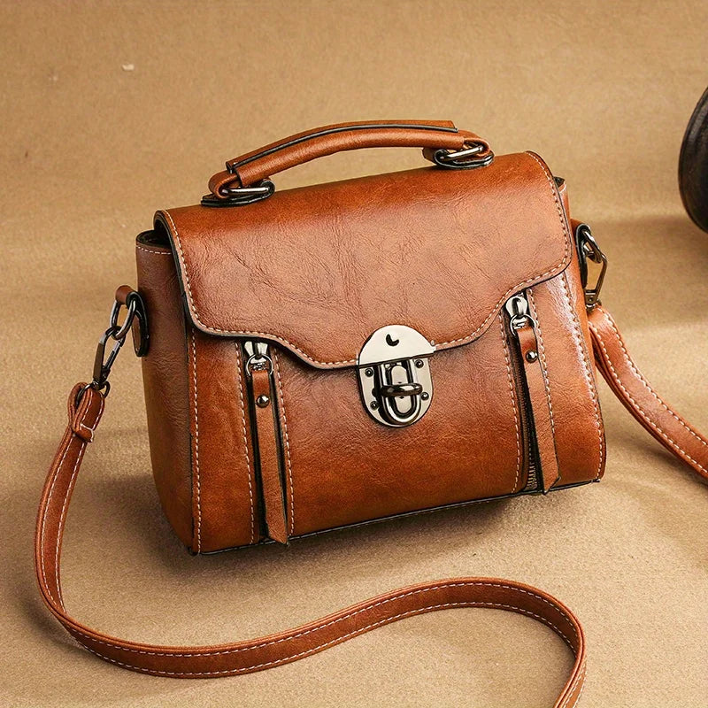 Vintage Turn-Lock Square Satchel Bag for Women | Classic PU Leather Shoulder & Crossbody Handbag (Everyday Tote, Secure Travel Purse)