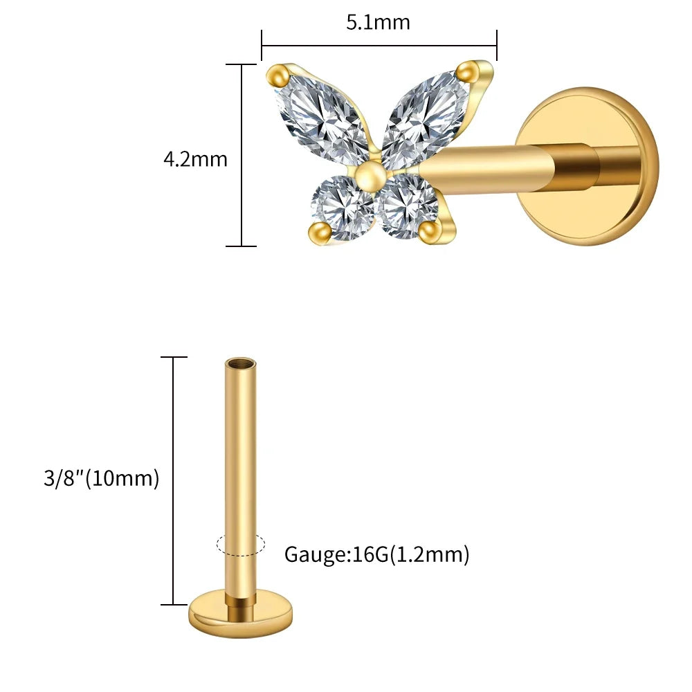 Right Grand ASTM F136 Titanium 16G Mini Butterfly CZ Labret Tragus Cartilage Conch Forward Helix Stud Nose Piercing Body Jewelry