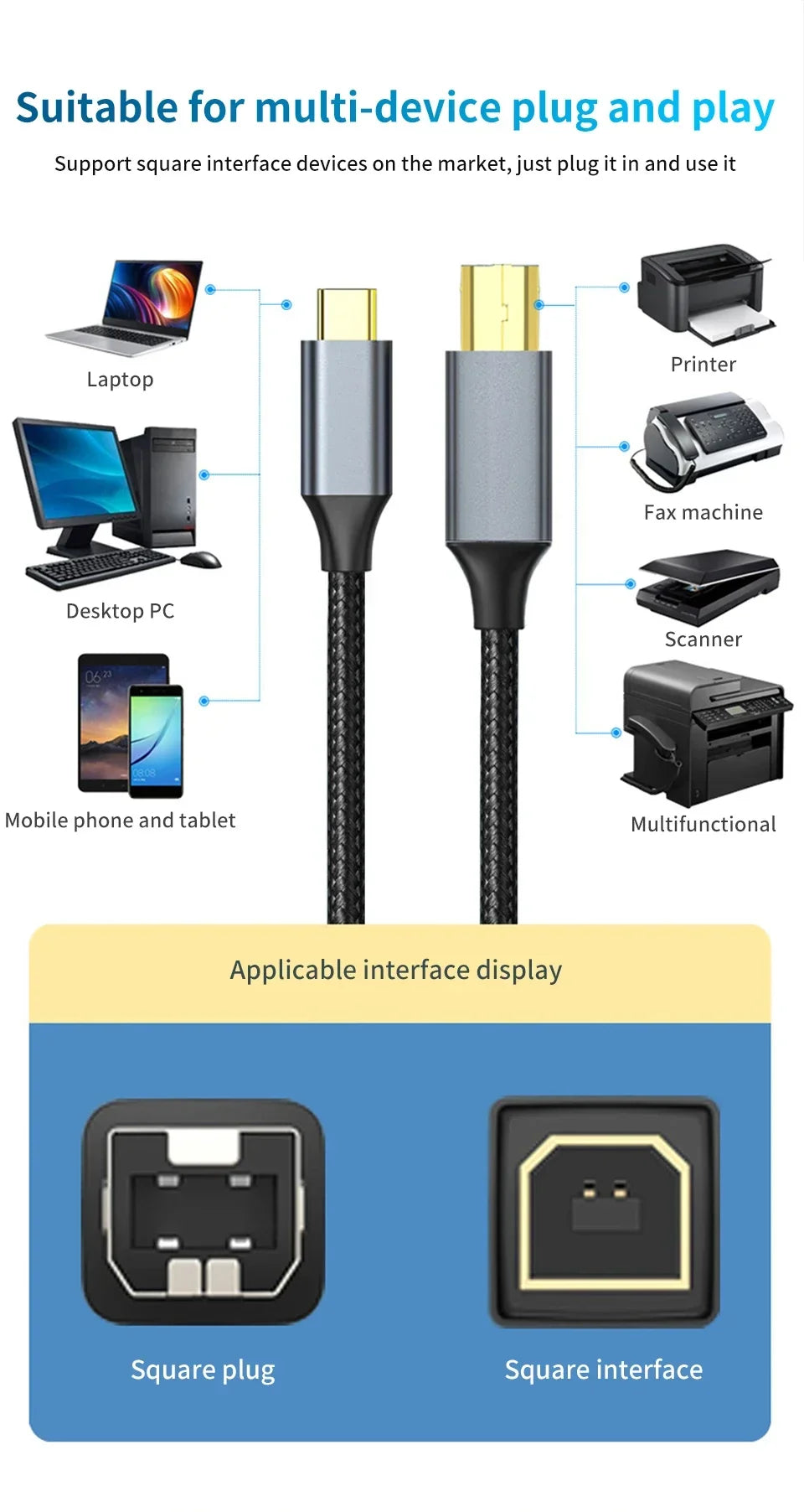 USB C to USB B 2.0 Printer Cable Electronic Organ Cable Type C USB B for Computer Laptop Phone to Fax Machine Scanner Universal