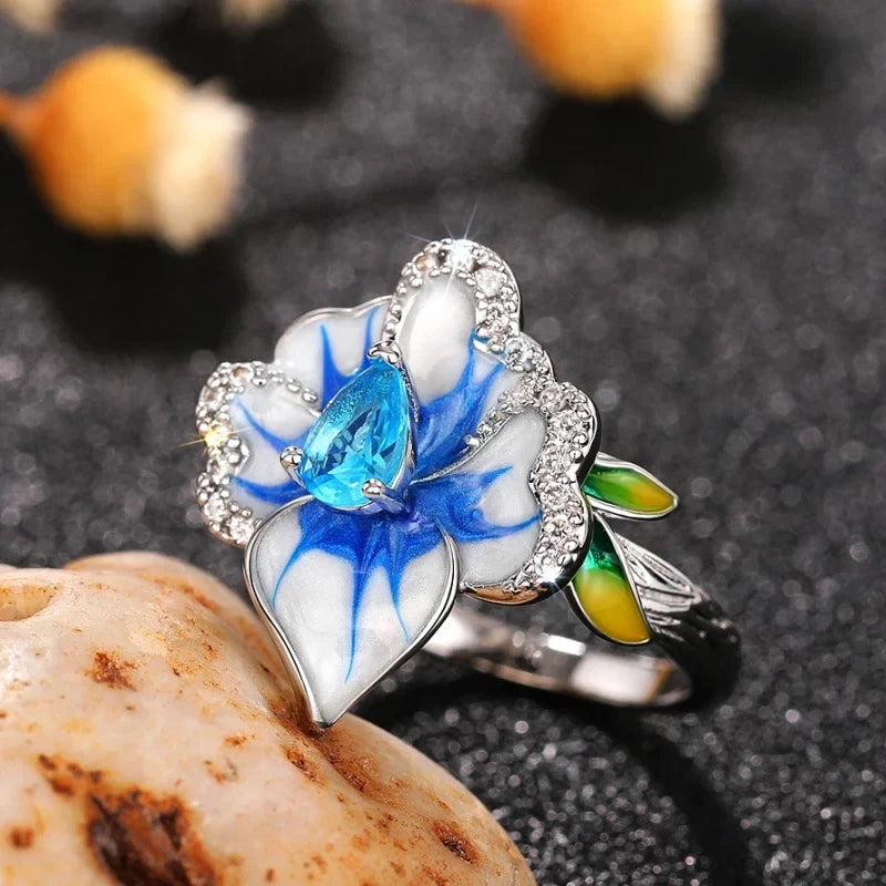Huitan Gorgeous Creative Rings with Blue Flower Designed Elegant Temperament Party Jewelry for Women Delicate Finger Accessories