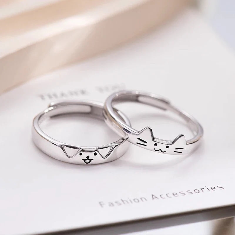 2pcs Simple Design Cute Cat Dog Animal Adjustable Couple Ring for Women Men Cartoon Fashion Couple  Friends Rings Jewelry Gifts