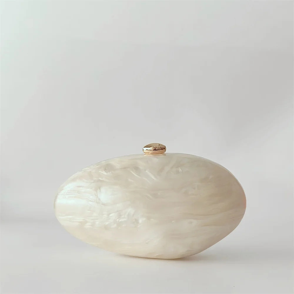Oval Marble Beige Shell Acrylic Luxury Elegant Lady Evening Bag | Cute Handbag & Wedding Girl Female Mini Purse