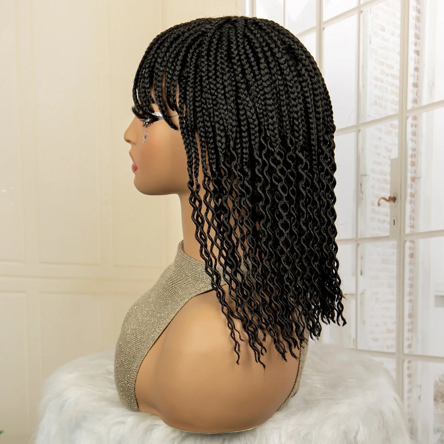 Short 14" Bob Braided Wig | Curly Knotless Box Braids | Synthetic Machine Made Wig | For Black Women