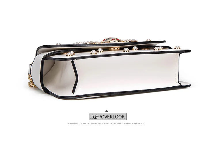 Women's Pearl and Bee Shoulder Handbag | PU Crossbody Bag with Chain