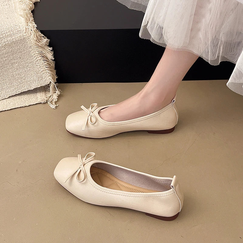 2026 Brand Women Flats Spring New Square Toe Bowknot Ladies Casual Ballet Shoes Big Size Slip on Soft Eelgant Dress Shoes 12457