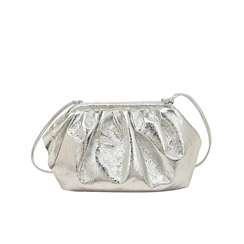 Small Luxury Design Women's Leather Silver Cloud Bag | Gold Crossbody & Ladies Party Clutch Purse (Sequined, Ruched Handbag)