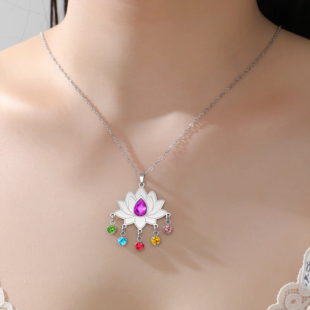 Gold Plated 7 Chakra Lotus Flower Necklace with Om Symbol Spiritual Yoga Jewelry Seven Colorful Zircon Lotus Flower Necklace