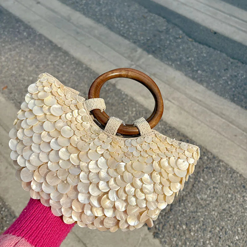 NEW Wood Top-Handle White Crystal Clutch Bag | High Quality Women's Wedding Hand Woven Handbags & Fashion Bags
