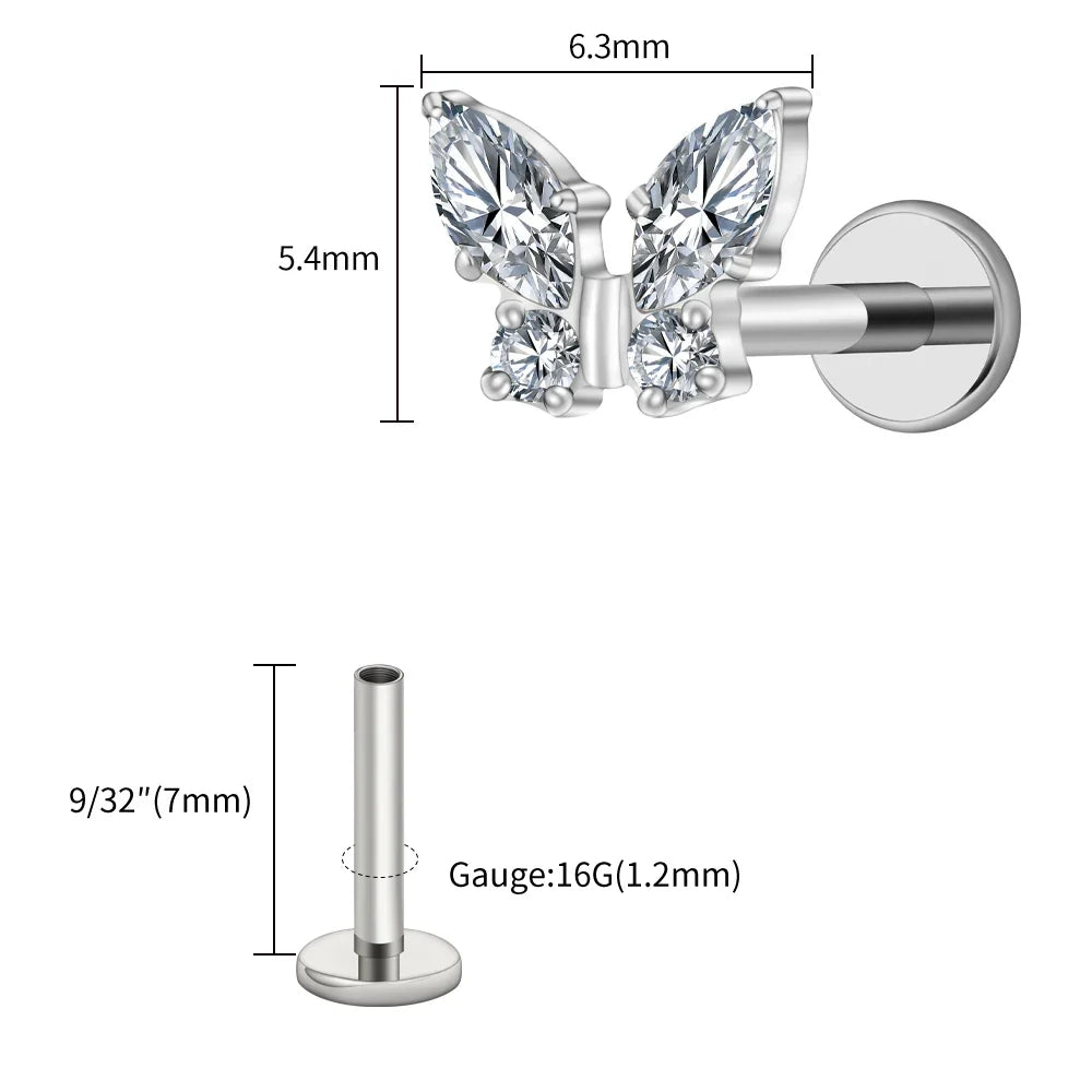 Right Grand ASTM F136 Titanium 16G Mini Butterfly CZ Labret Tragus Cartilage Conch Forward Helix Stud Nose Piercing Body Jewelry