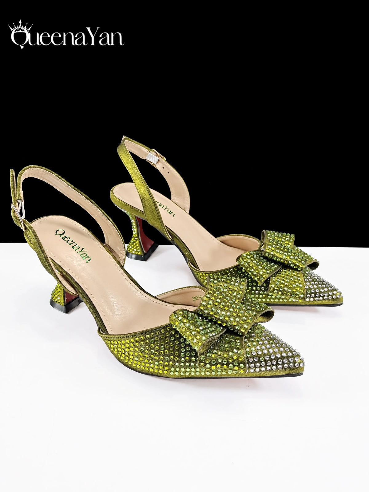 Queena Yan Newest Full of Rhinestone Design Olive Color Lady Sheos and Metal Bead-Embellished Handbag Set for Parrt Wedding