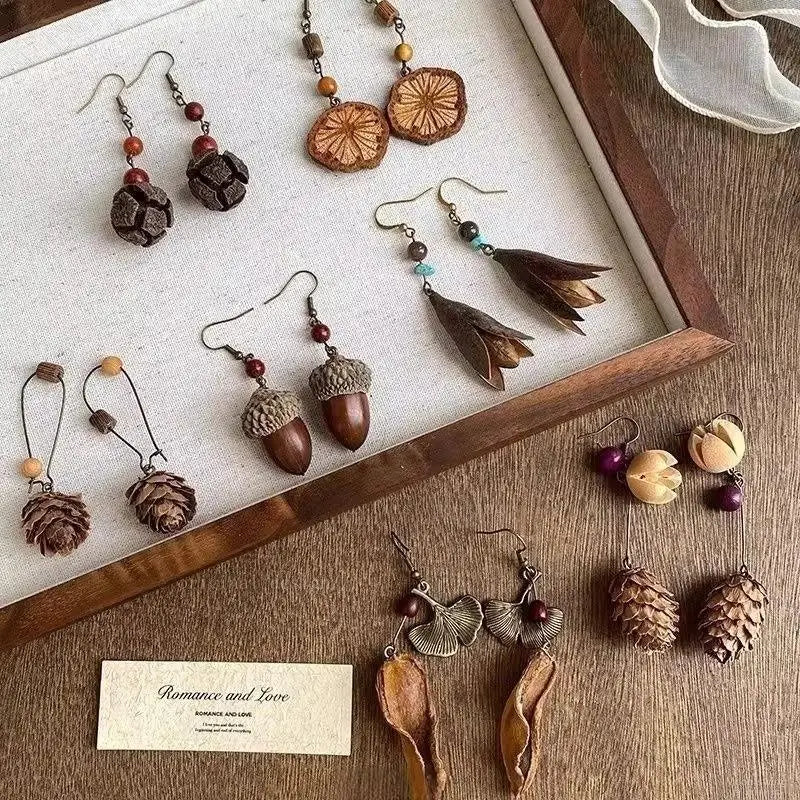 1Pair Vintage Wooden Plant Earring For Women Creative Natural Plant Dried Fruits Drop Earrings Ethnic Jewelry