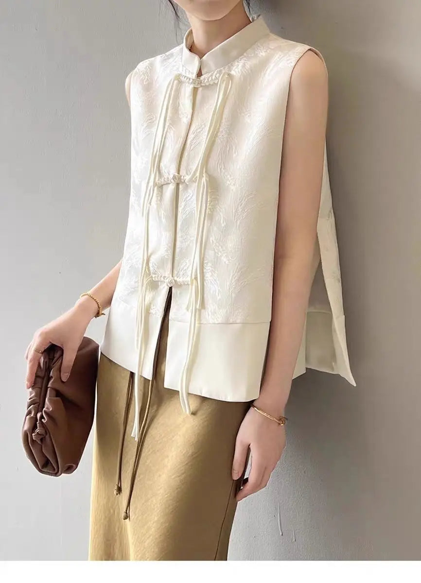 2026 spring new chinese new style plate buckle waistcoat jacket jacquard stand collar sleeveless retro women cheongsam waistcoat