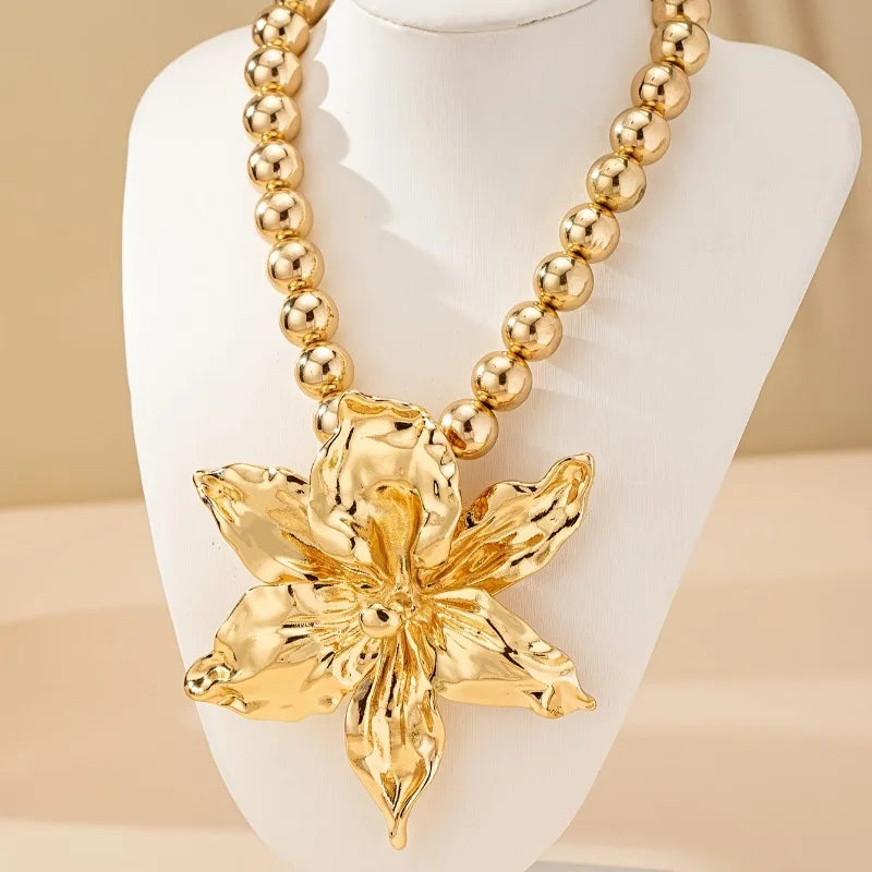 1pc Boho Beaded Chain Metal Large Volume Flower Pendant Necklace for Women Daily Occasion Party Evening Wear