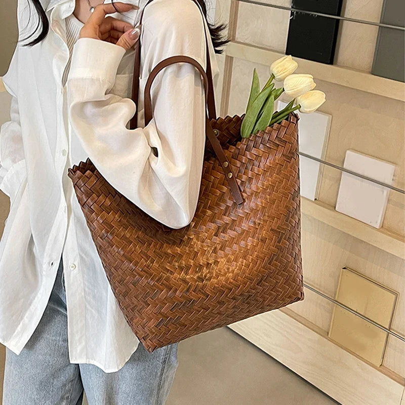 Summer Large Capacity Handbag Totes | Rattan Handmade Straw Shoulder Bags for Women (Travel Seaside Beach Bag - Bolsa Feminina)