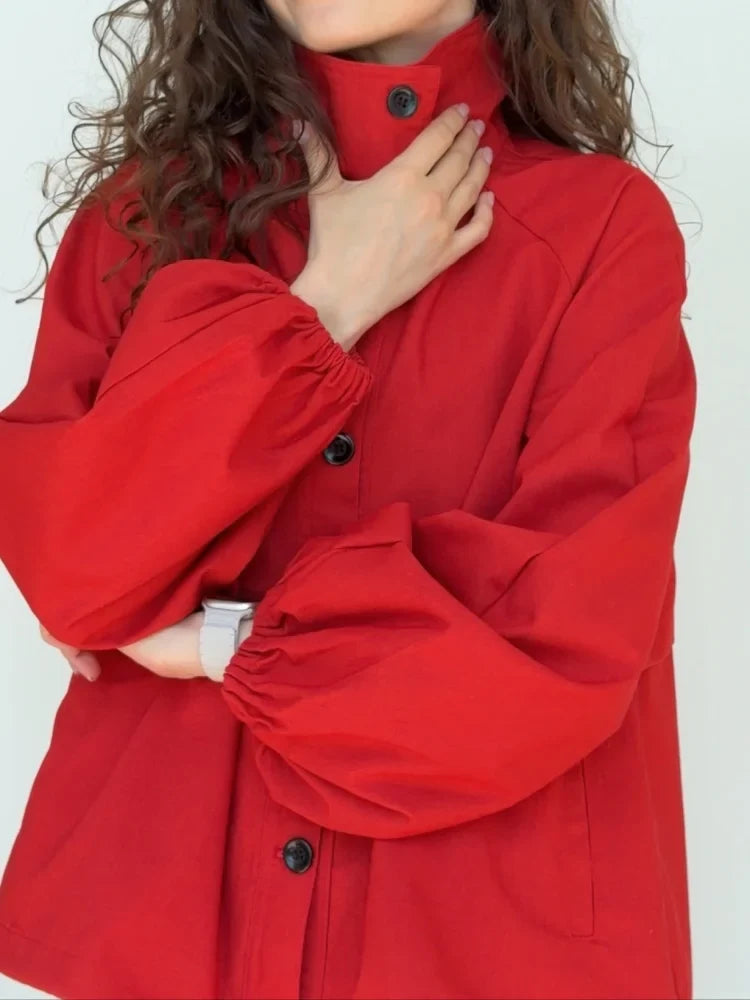 AACHOAE Women High Neck Lightweight Jacket Casual Long Sleeve Windbreaker Coat Drawstring Hem Button Front Short Outerwear