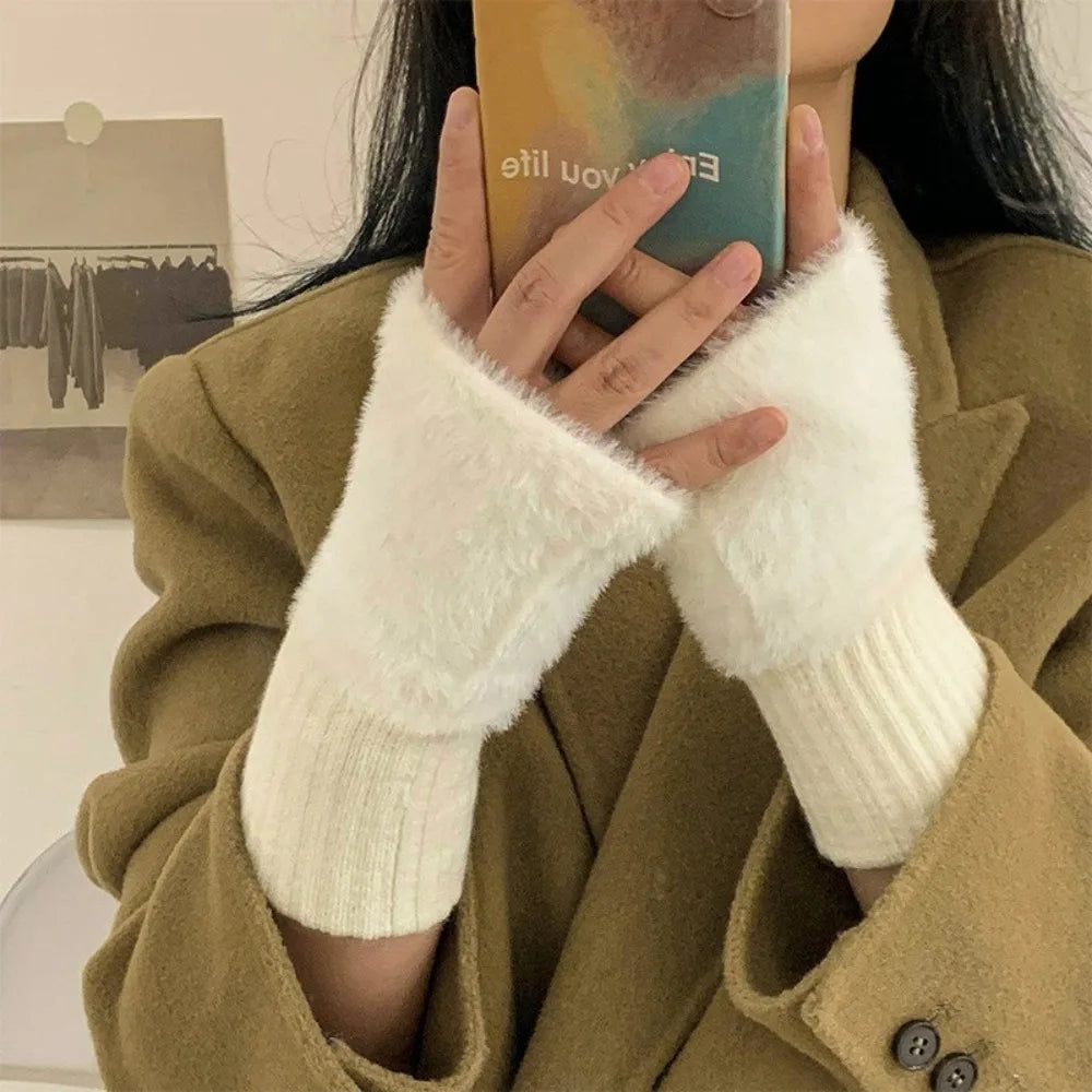 Soft Winter Half Finger Gloves Women Warm Luxury Solid White Plush Knitted Fingerless Gloves Wrist Mitten Writing Winter Gloves