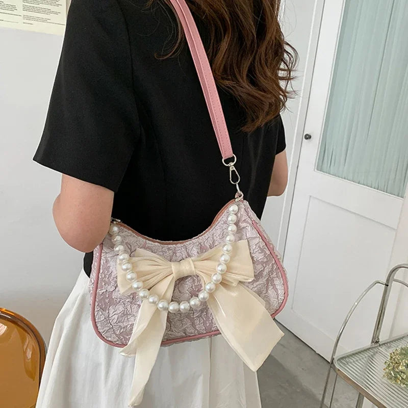 White Folds Pop Retro Bow Bag | Female Pearl Handle New Fashion Pearl Armpit Shoulder & Crossbody Bag