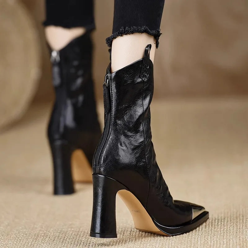 2024 New Metal Square Toe Ankle Boots for Women Fashion Patent Leather Women's Shoes Botas Mujer High Heels Shoes Women Zapatos