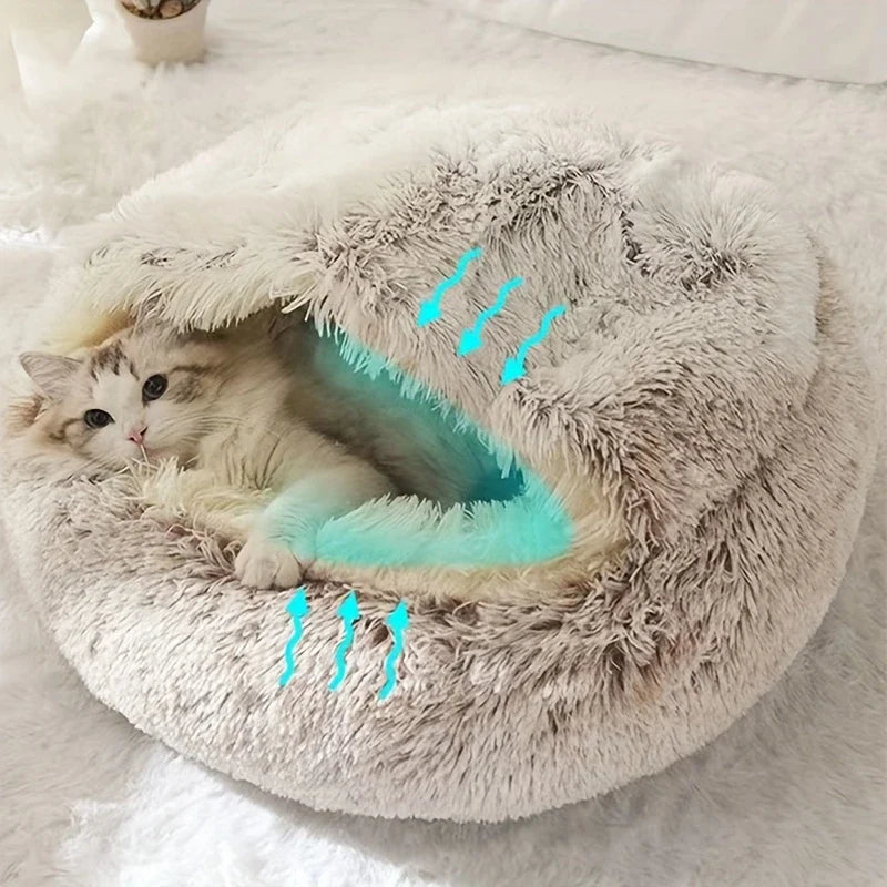 Plush Hooded Cat Cave Bed Round Semi‑Enclosed Shell Pet Nest Washable Anti‑Slip Warm All Season Sleeping Bed For Cats Small Dogs