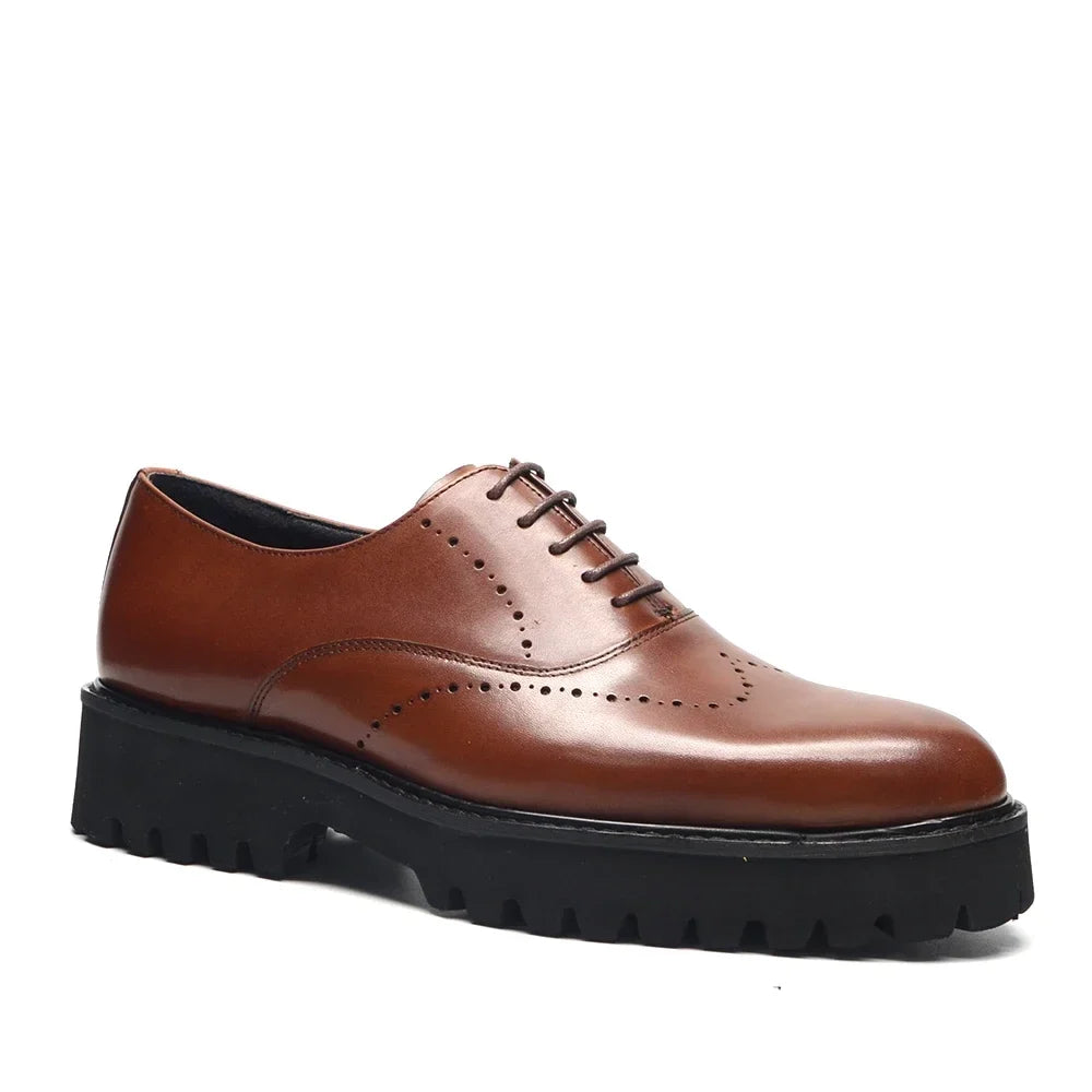 Luxury Men's Genuine Leather Platform Oxfords | Lightweight Black Sole Lace-Up Business & Casual Dress Shoes (Height Increasing)