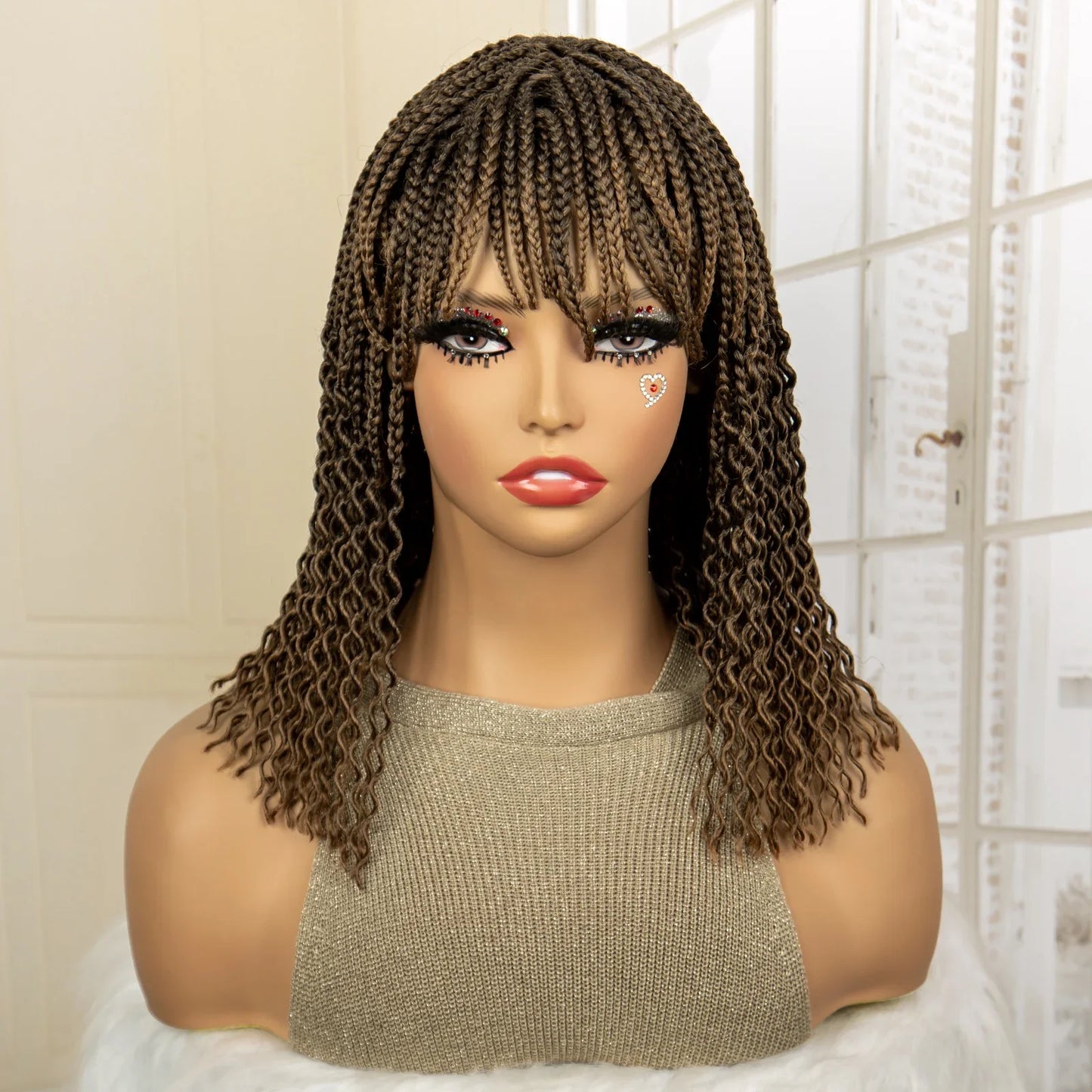 Short 14" Bob Braided Wig | Curly Knotless Box Braids | Synthetic Machine Made Wig | For Black Women