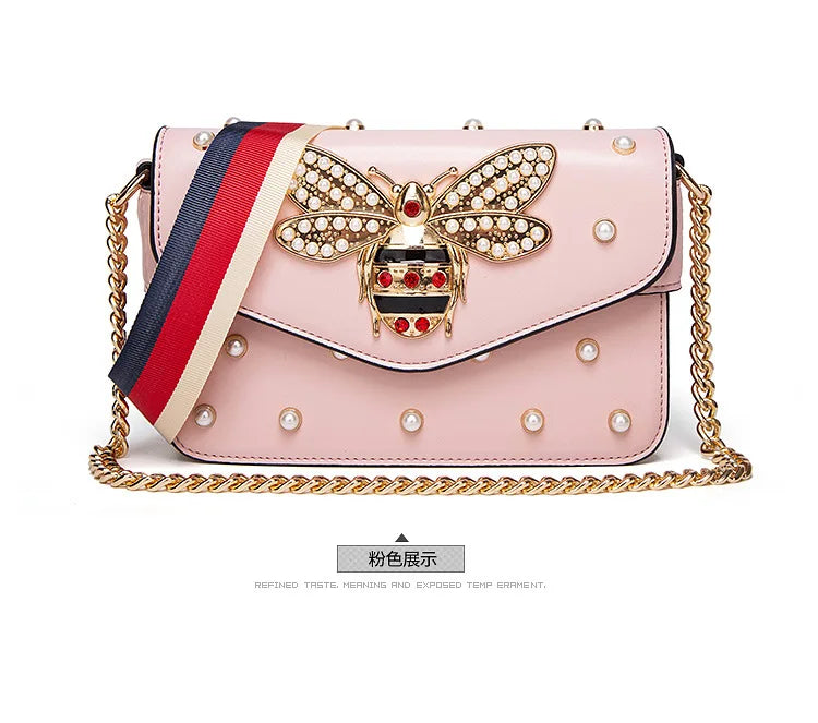 Women's Pearl and Bee Shoulder Handbag | PU Crossbody Bag with Chain