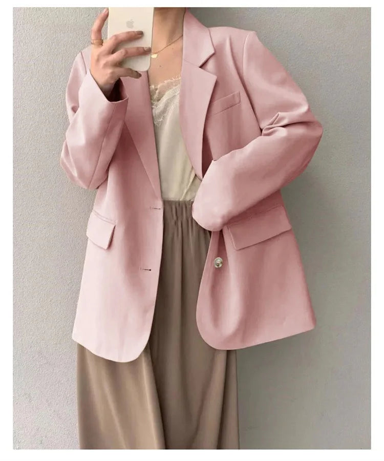 Mid Length Blazer Jacket Women Solid Long Sleeve Pocket Lapel Single Beasted Formal Coat Outerwear Loose Work Casual Blazers
