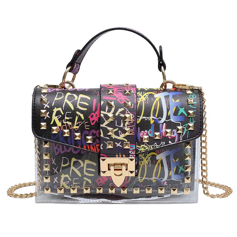 Brand Women's Studded Graffiti Crossbody Bags | Fashion Shoulder Bag for Ladies (Luxury Designer PVC Handbags & Messenger Satchel)