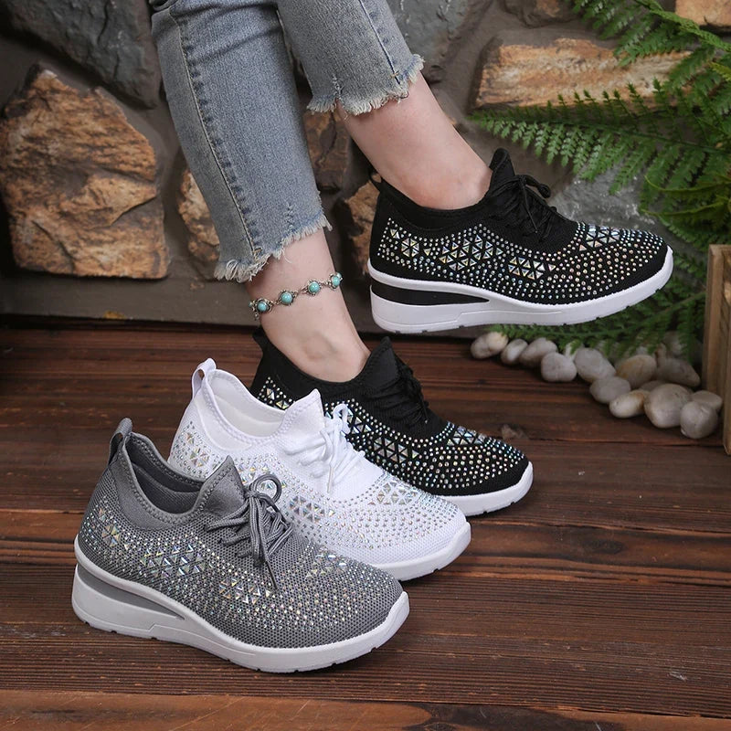 Women's Rhinestone Embellished Knit Mesh Wedge Sneakers, Adjustable Lace-Up Closure, Daily Walking Casual Footwear