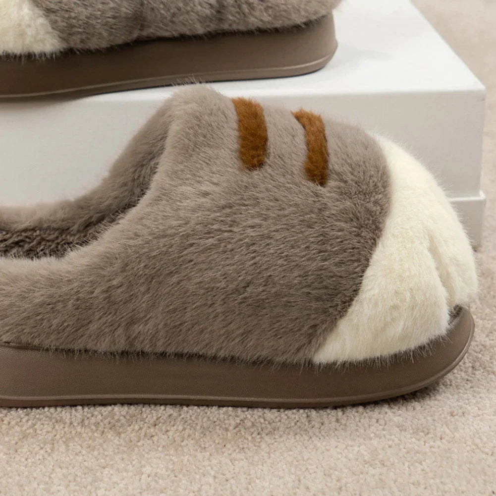 3D Cat Paw Plush Slippers Warm Slip-on House Shoes Anti Slip Flat Thermal Slippers Furry Paw Couple Slippers for Autumn Winter
