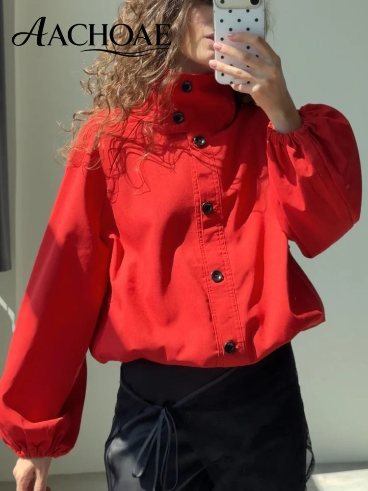 AACHOAE Women High Neck Lightweight Jacket Casual Long Sleeve Windbreaker Coat Drawstring Hem Button Front Short Outerwear