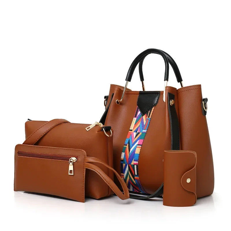 4 Pcs Luxury Handbag Set | Large Capacity Tote Bag, Fashion Shoulder Bag, Wallet & Card Case for Women (Patchwork)