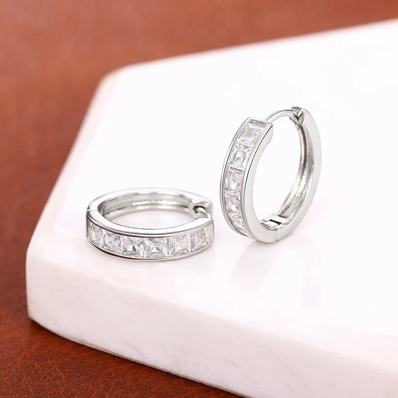 Huitan Hoop Earrings with Princess Cubic Zirconia Exquisite Ear Circle Earrings for Women Silver Color Fashion Versatile Jewelry