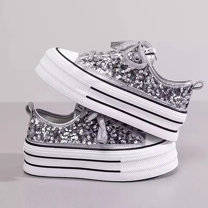 Woman Platform Sneakers Wedge Shoes Female Spring Autumn Sequins Bling Casual Shoes Ladies Thick-soled Canvas Shoes