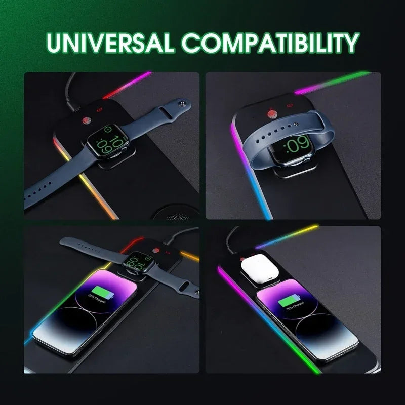 RGB Mouse Pads 3-In-1 Magnetic Wireless Charging Gaming Mousepad PC Laptop Pad for Airpod Wireless Charging for Apple Watch