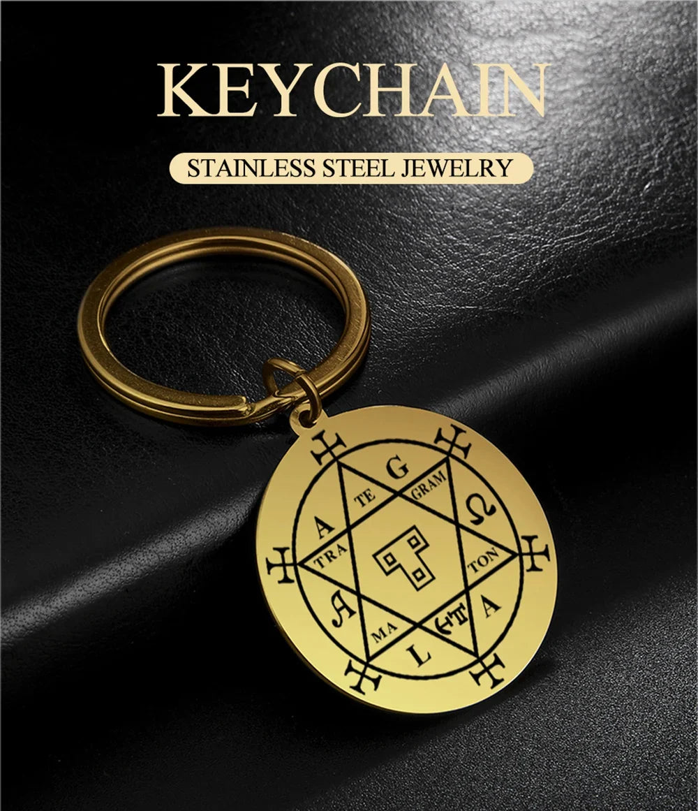 Dawapara Protection Secret Seal of Solomon Pendant Keychain Witchcraft Hexagram Wealth Fortune Amulet Stainless Steel Jewelry