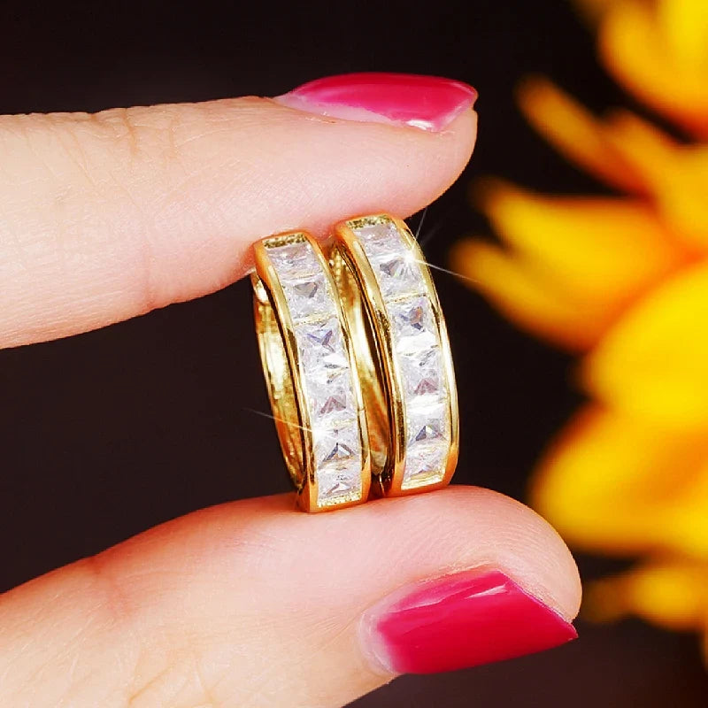 Huitan Hoop Earrings with Princess Cubic Zirconia Exquisite Ear Circle Earrings for Women Silver Color Fashion Versatile Jewelry